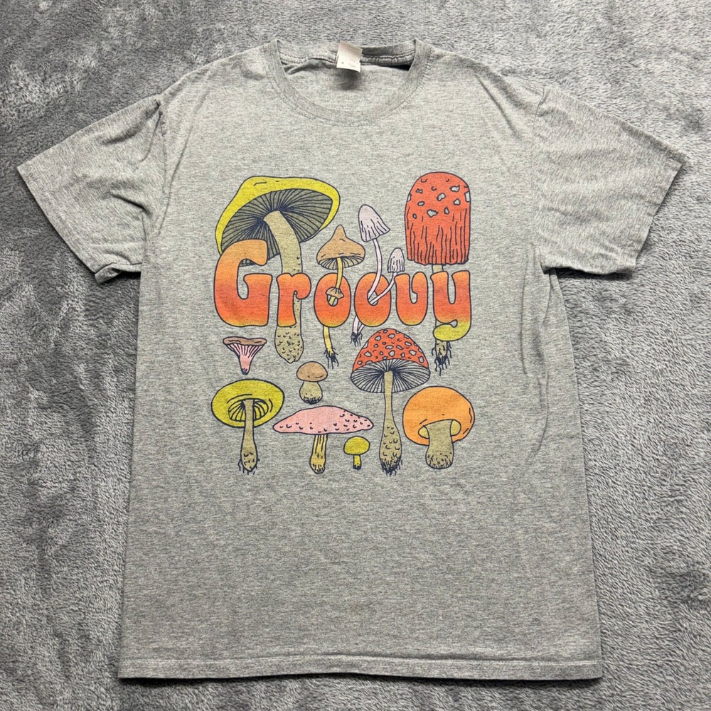 Fruit of the Loom T-Shirt Women S Gray Good Groovy Mushroom Graphic Tee